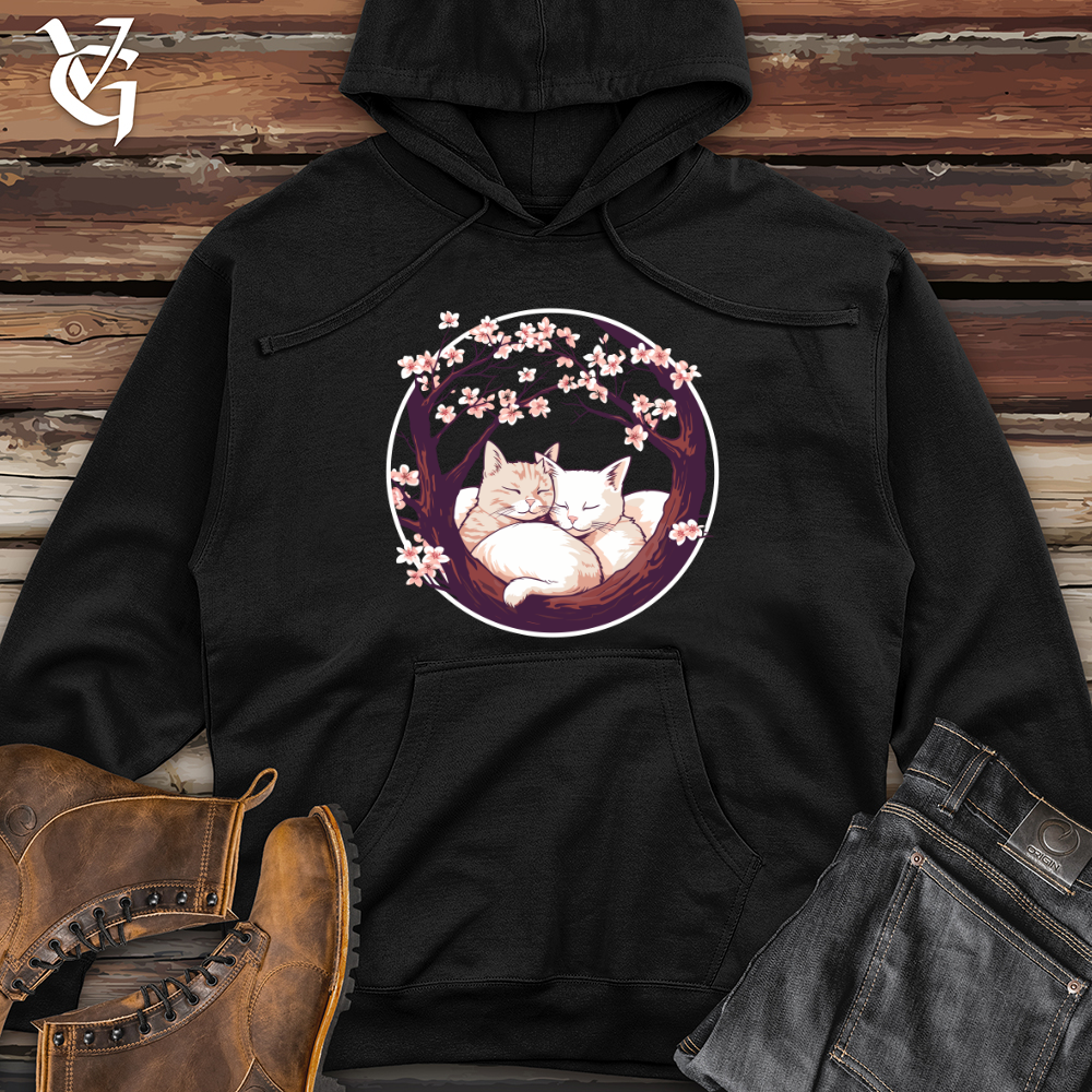 Viking Goods Cherry Blossom Felines Midweight Hooded Sweatshirt Black / L