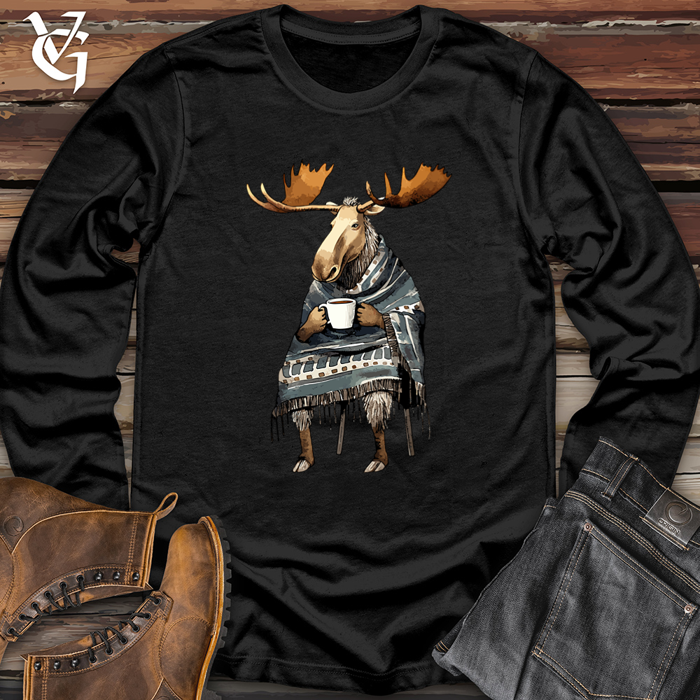 Viking Goods Coffee Drinking Moose Softstyle Long Sleeve Black / L