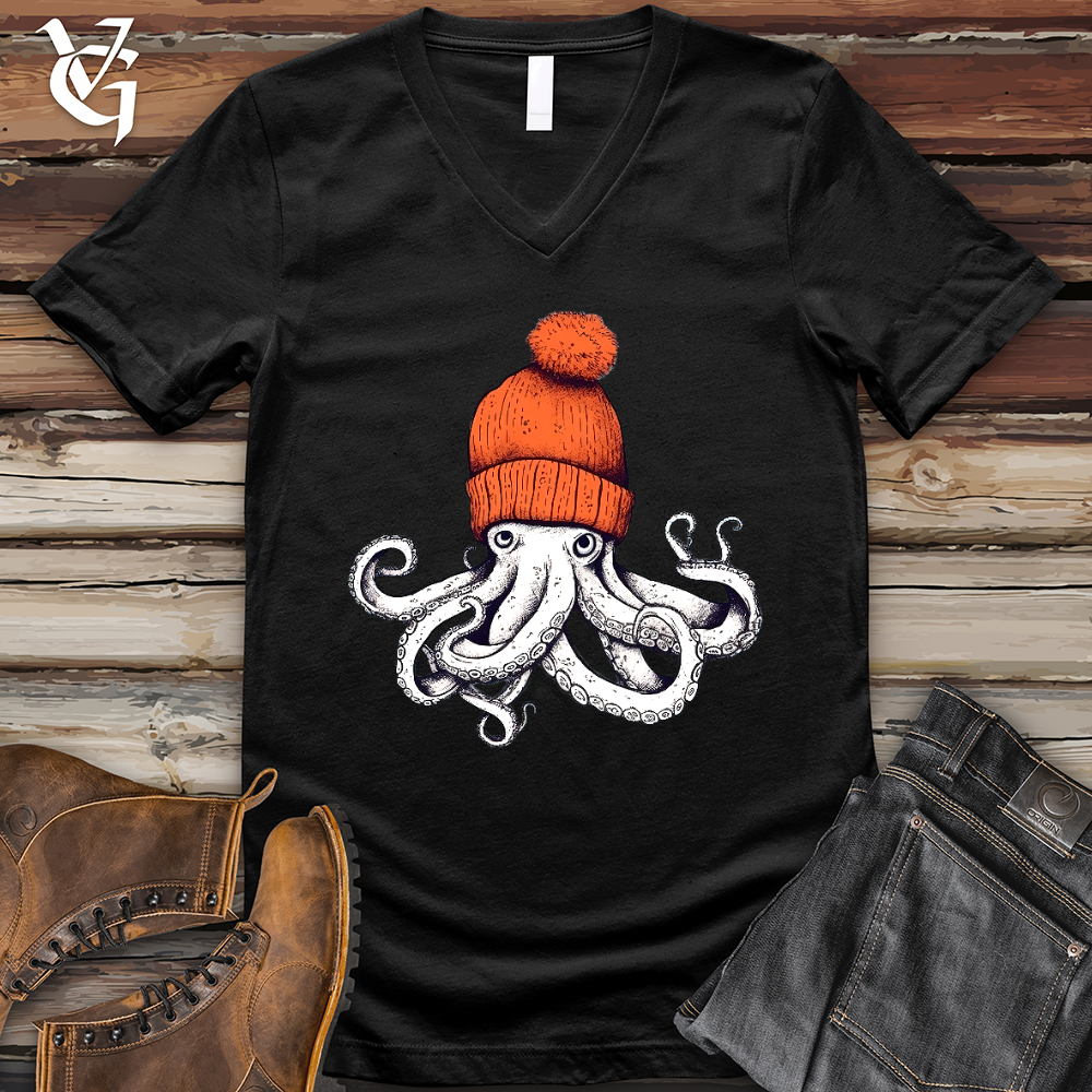 Viking Goods Octopus Orange Beanie V-Neck Tee Black / L