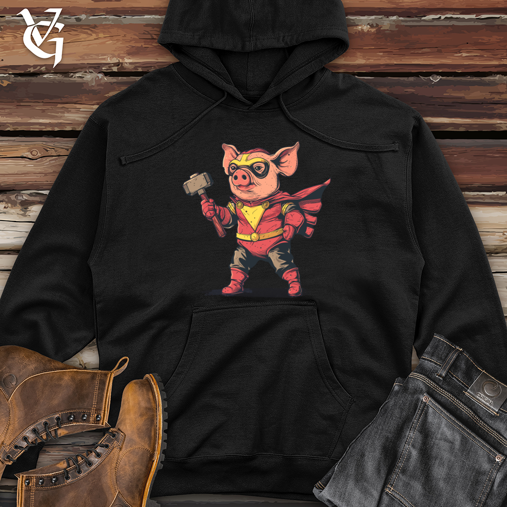 Viking Goods Pig Superhero Hammer Midweight Hooded Sweatshirt Black / L
