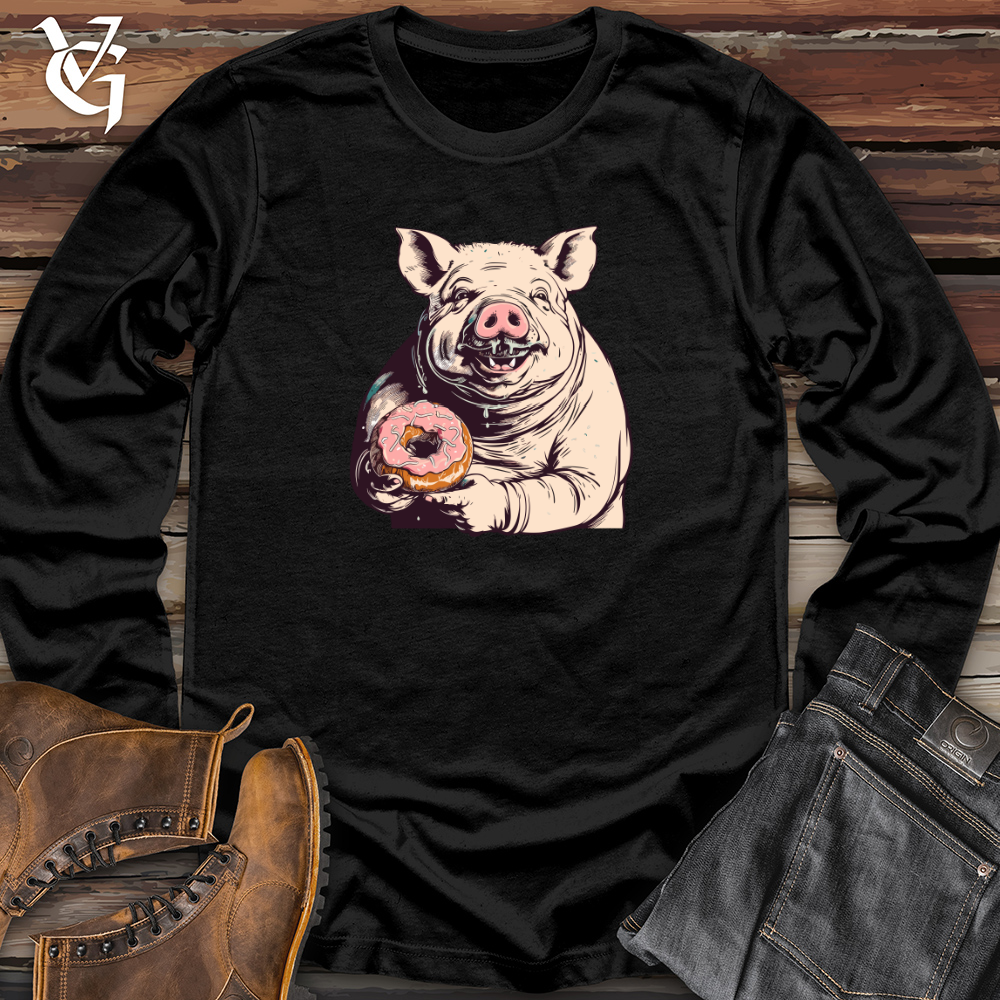 Viking Goods Retro Donut Devouring Pig Long Sleeve Black / L