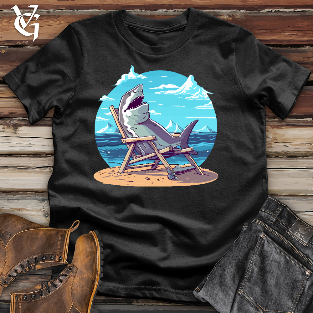 Viking Goods Shark Sitting in a Beach Chair in the Sand Cotton Tee Black / L