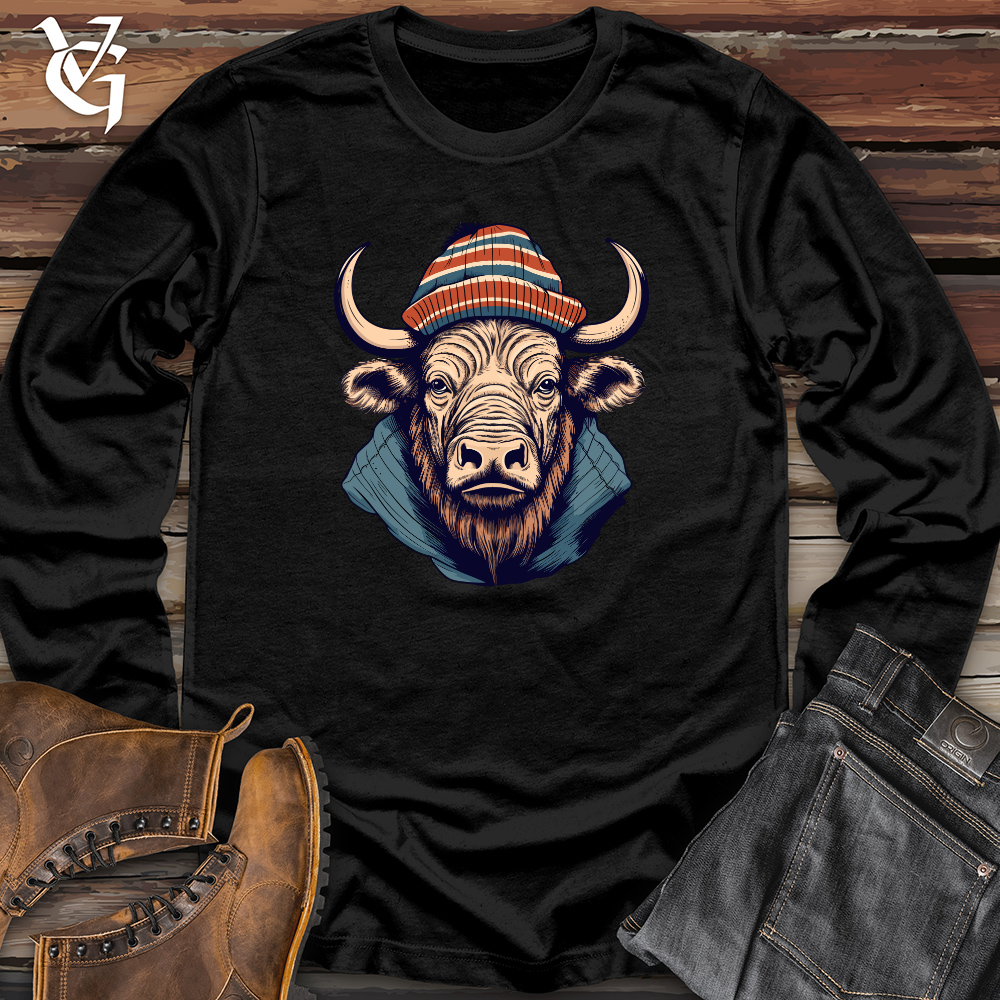 Viking Goods Vintage Buffalo Wearing Beanie Long Sleeve Black / L