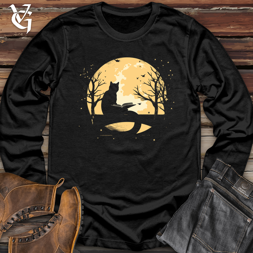 Viking Goods Vintage Moonlit Reading Cat Softstyle Long Sleeve Black / L