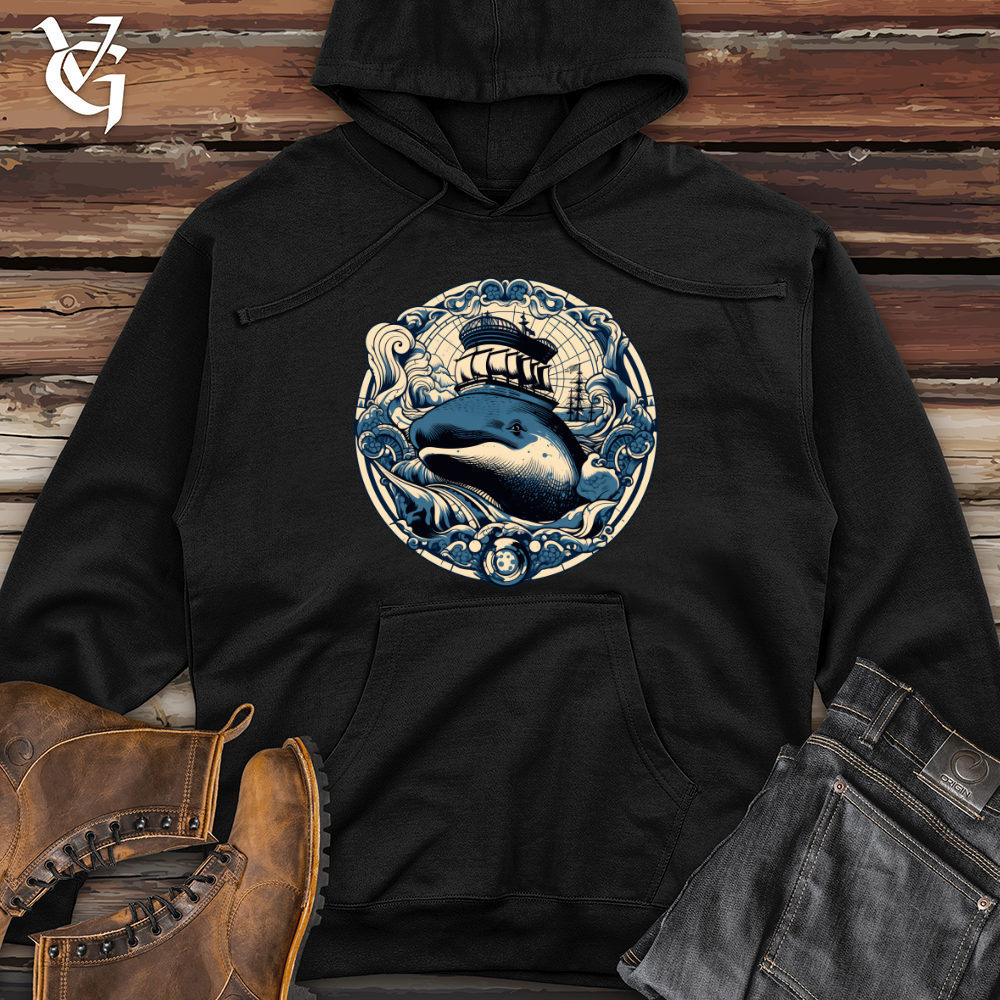 Viking Goods Whale Nautical Voyage Midweight Hooded Sweatshirt Black / L
