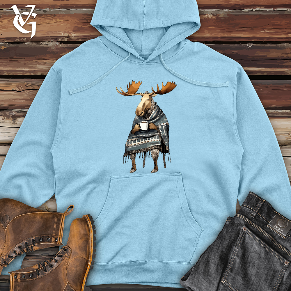 Viking Goods Coffee Drinking Moose Midweight Hooded Sweatshirt Blue Aqua / L