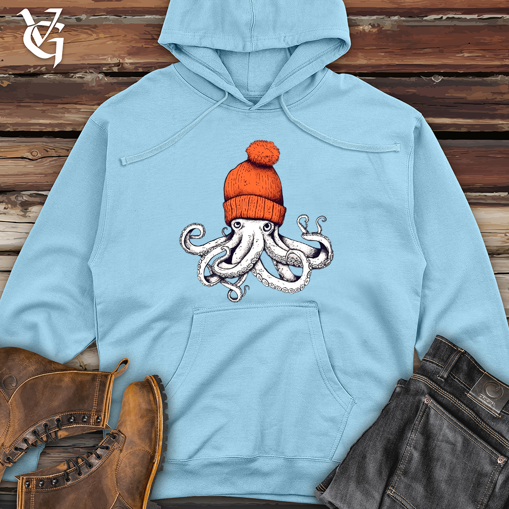 Viking Goods Octopus Orange Beanie Midweight Hooded Sweatshirt Blue Aqua / L