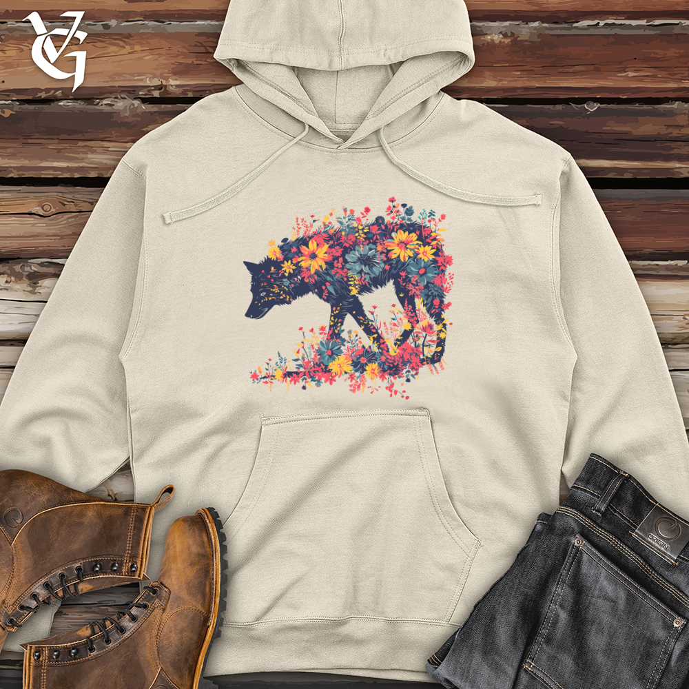 Viking Goods Floral Wolf Silhouette Midweight Hooded Sweatshirt Grey Heather / L