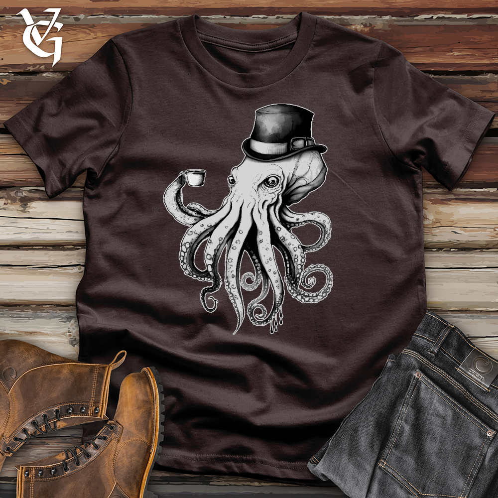 Viking Goods Octopus Wearing Hat Drinking Coffee Cotton Tee Brown / L