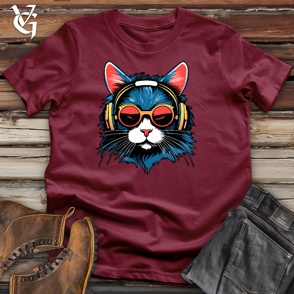 Viking Goods A Cat Wearing Sunglasses and Headphone Cotton Tee Cardinal / L