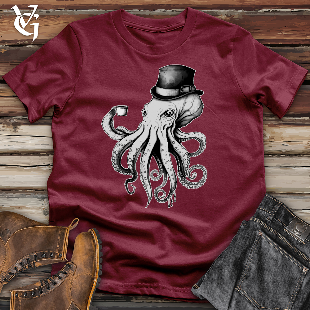 Viking Goods Octopus Wearing Hat Drinking Coffee Cotton Tee Cardinal / L