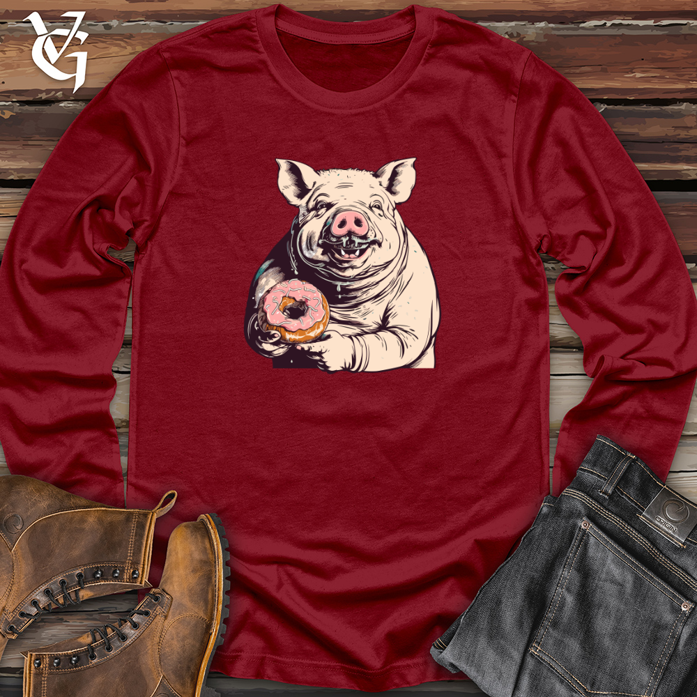 Viking Goods Retro Donut Devouring Pig Long Sleeve Cardinal / L