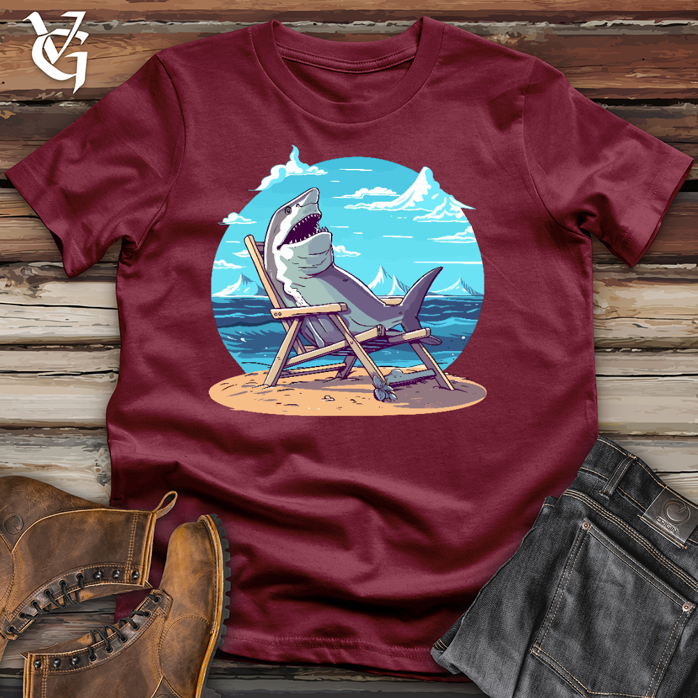 Viking Goods Shark Sitting in a Beach Chair in the Sand Cotton Tee Cardinal / L