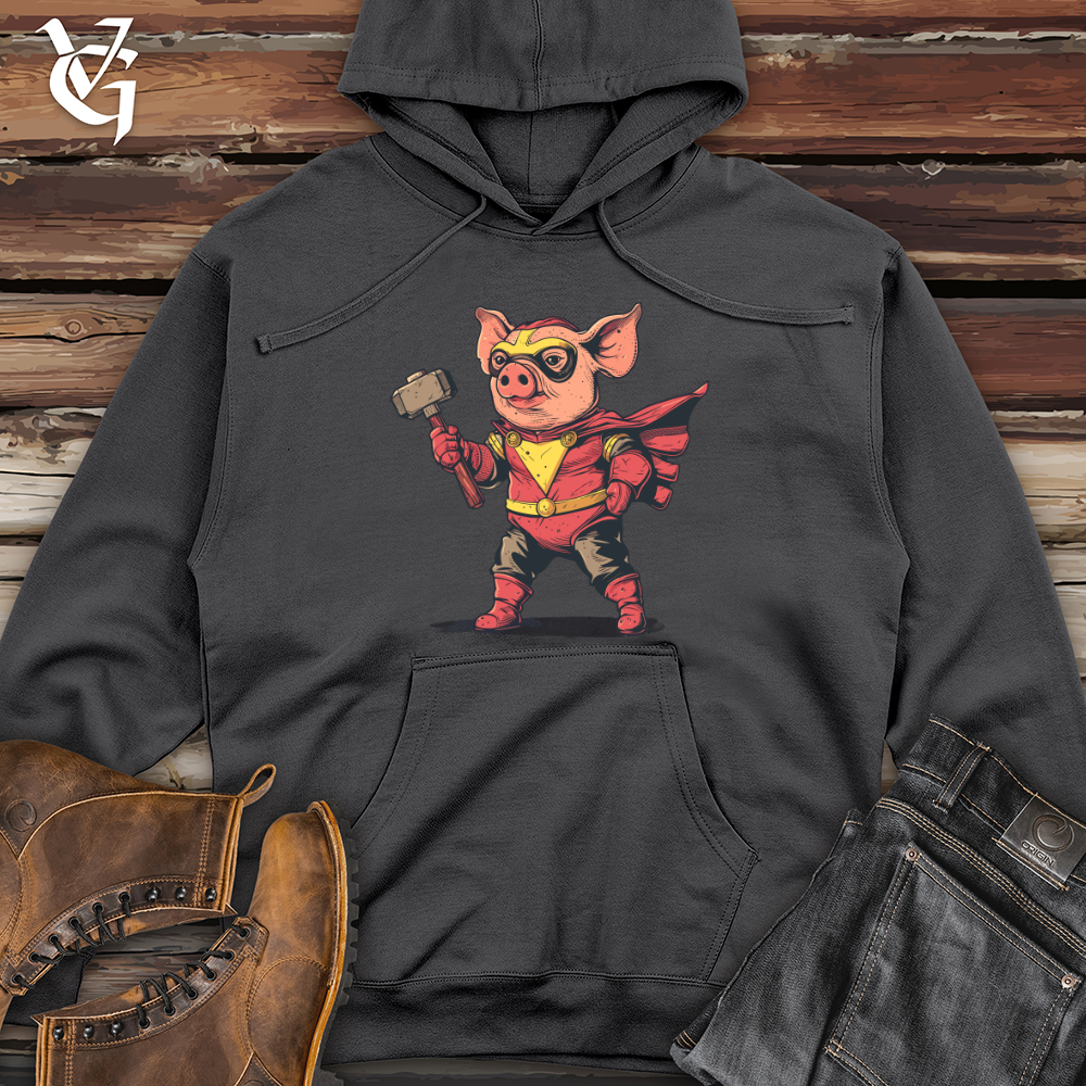 Viking Goods Pig Superhero Hammer Midweight Hooded Sweatshirt Charcoal / L