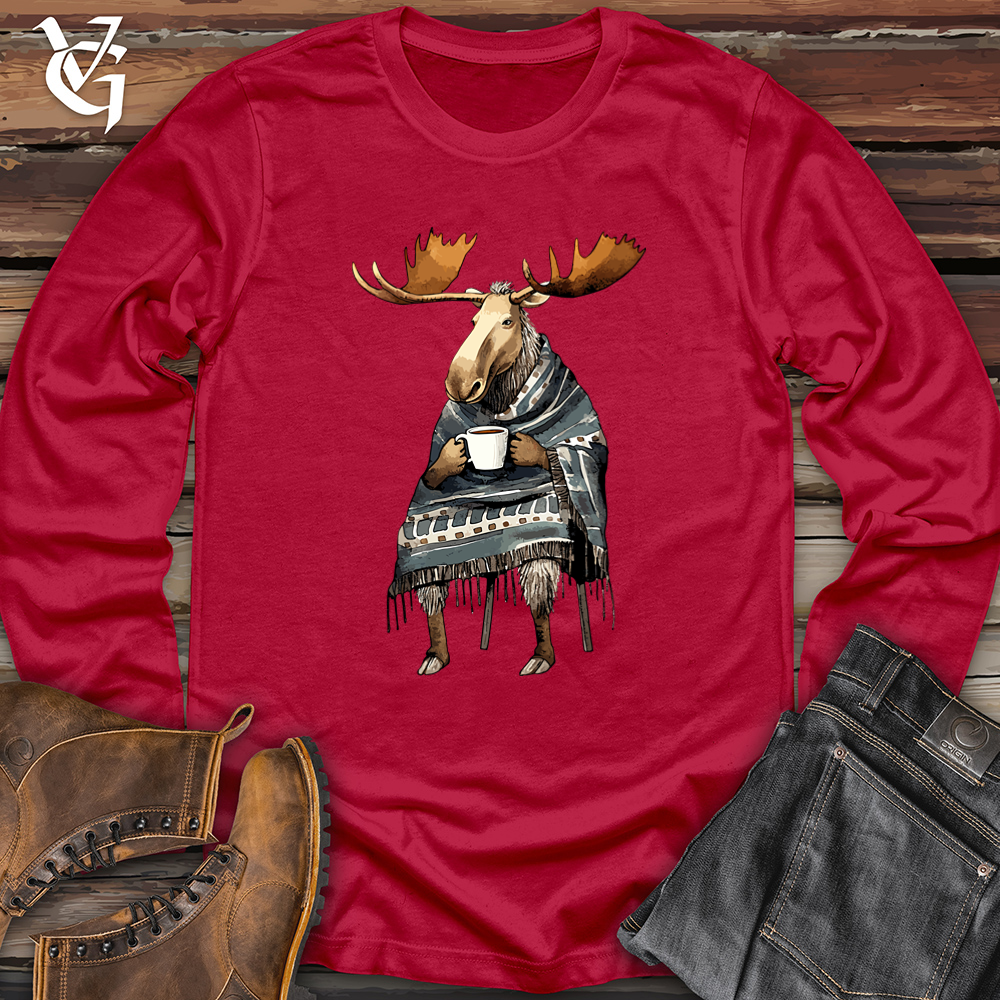 Viking Goods Coffee Drinking Moose Softstyle Long Sleeve Cherry Red / L