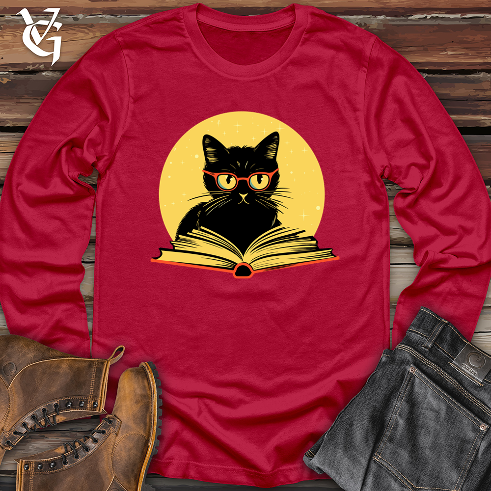 Viking Goods Retro Bookish Black Cat Softstyle Long Sleeve Cherry Red / L