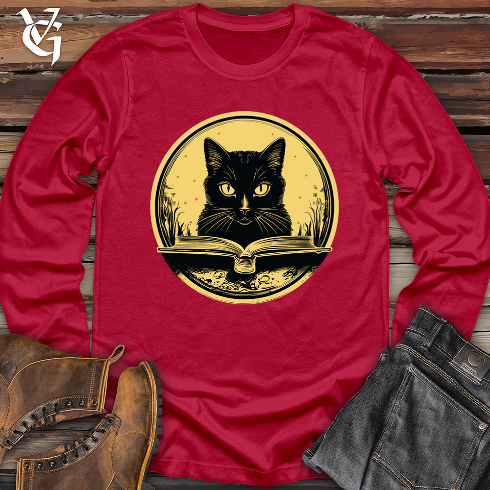 Viking Goods Vintage Bookworm Black Cat Softstyle Long Sleeve Cherry Red / L