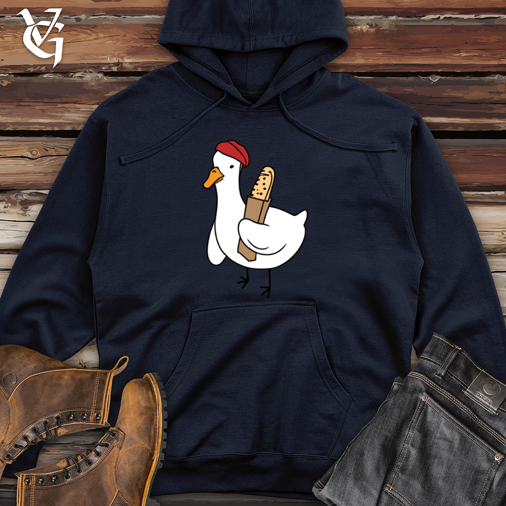 Viking Goods A Red Hat Wearing Duck Holding a Baguette Midweight Hooded Sweatshirt Classic Navy / L