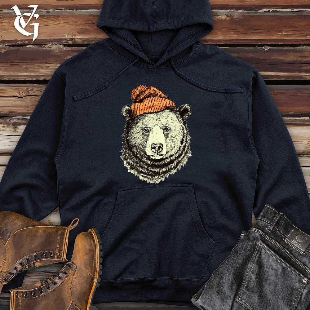 Viking Goods Bear Wearing Hunters Beanie Midweight Hooded Sweatshirt Classic Navy / L