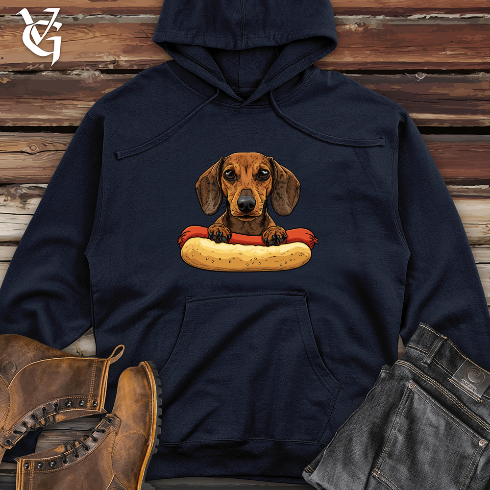 Viking Goods Dachshund Hotdog Hug Midweight Hooded Sweatshirt Classic Navy / L