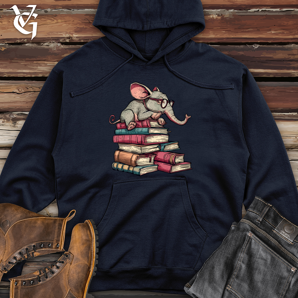 Viking Goods Elephant Bookworm Reader Midweight Hooded Sweatshirt Classic Navy / L