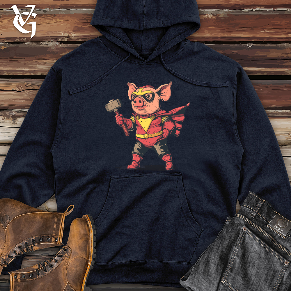 Viking Goods Pig Superhero Hammer Midweight Hooded Sweatshirt Classic Navy / L