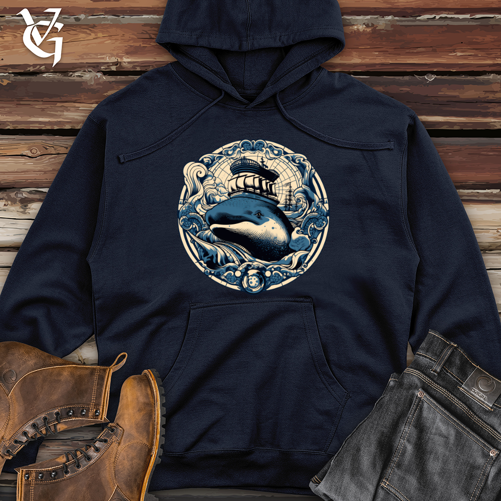 Viking Goods Whale Nautical Voyage Midweight Hooded Sweatshirt Classic Navy / L