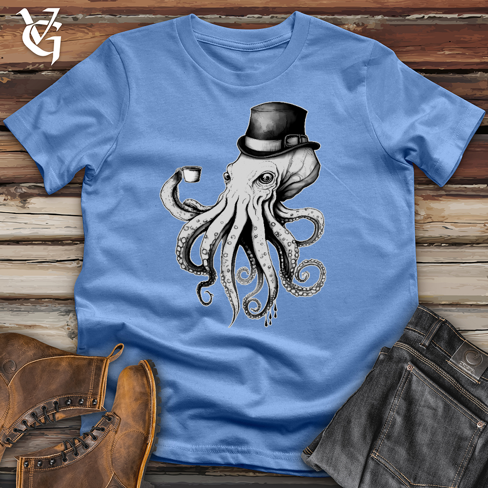 Viking Goods Octopus Wearing Hat Drinking Coffee Cotton Tee Columbia Blue / L