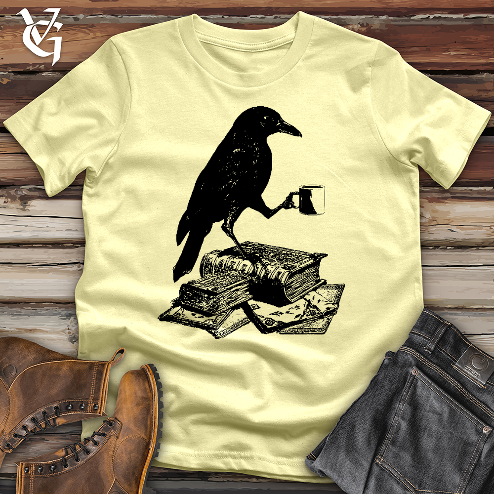 Viking Goods Reading Raven Holding Coffee Softstyle Tee Cornsilk / L