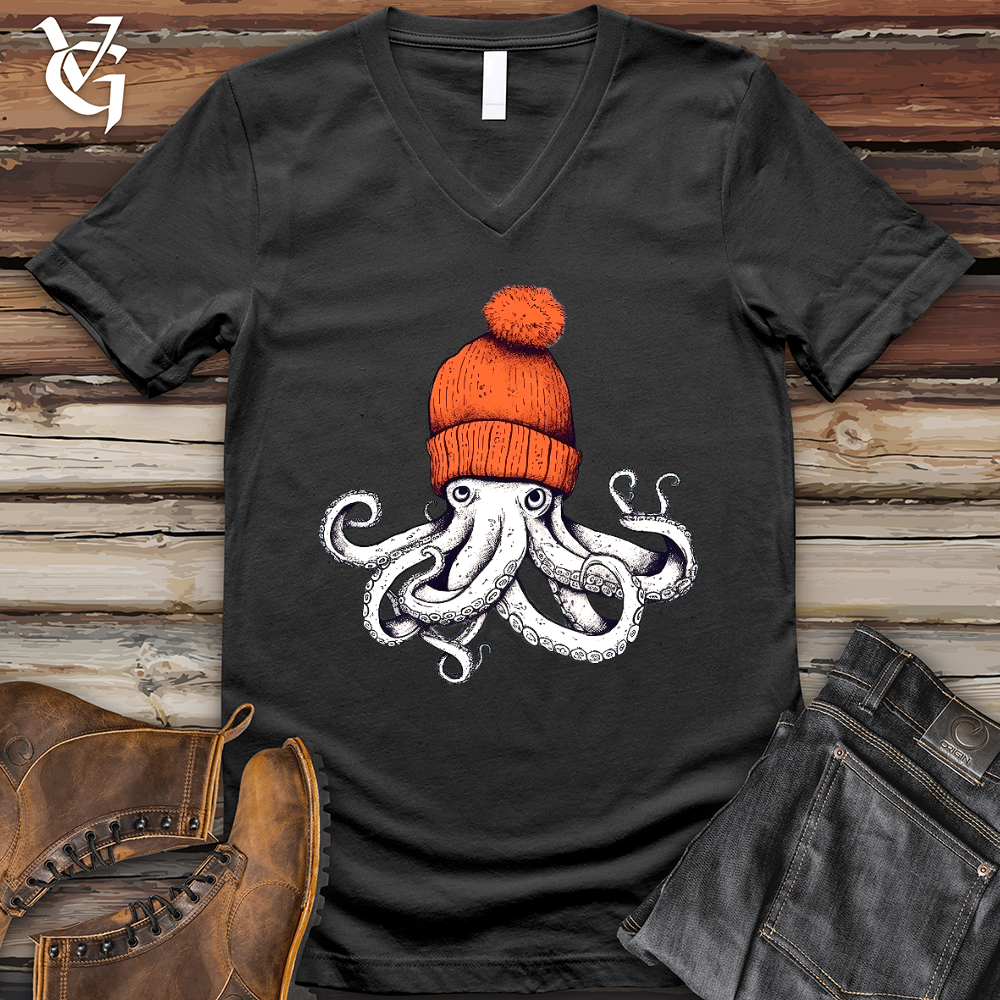 Viking Goods Octopus Orange Beanie V-Neck Tee Dark Grey / L