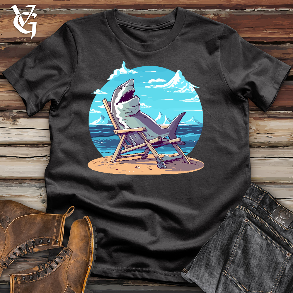 Viking Goods Shark Sitting in a Beach Chair in the Sand Cotton Tee Dark Grey / L