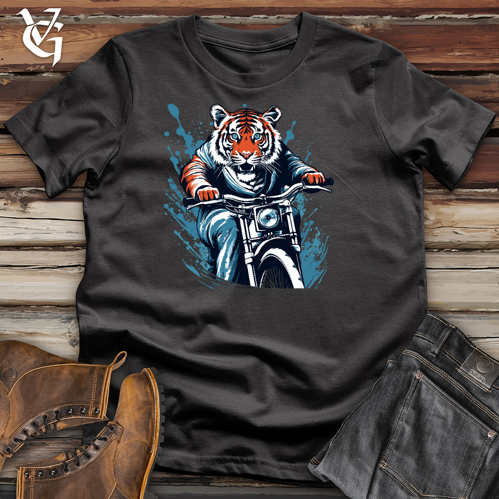 Viking Goods Tiger Riding On Motorbike Cotton Tee Dark Grey / L
