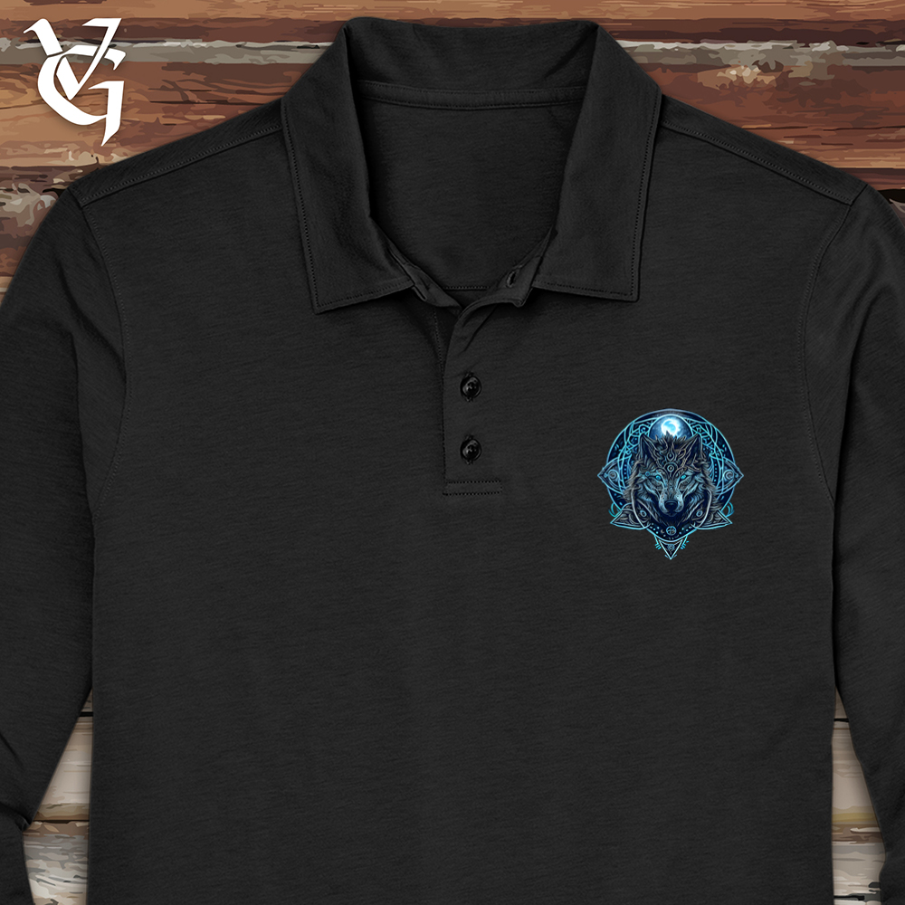 Viking Goods Celtic Fenrir Wolf Long Sleeve Polo Deep Black / L