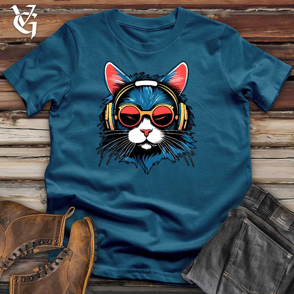 Viking Goods A Cat Wearing Sunglasses and Headphone Cotton Tee Deep Teal / L
