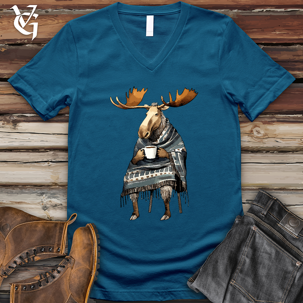 Viking Goods Coffee Drinking Moose V-Neck Tee Deep Teal / L