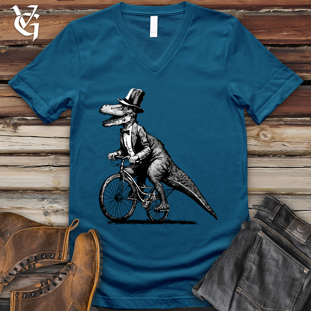Viking Goods Dinosaur Riding a Bike V-Neck Tee Deep Teal / L