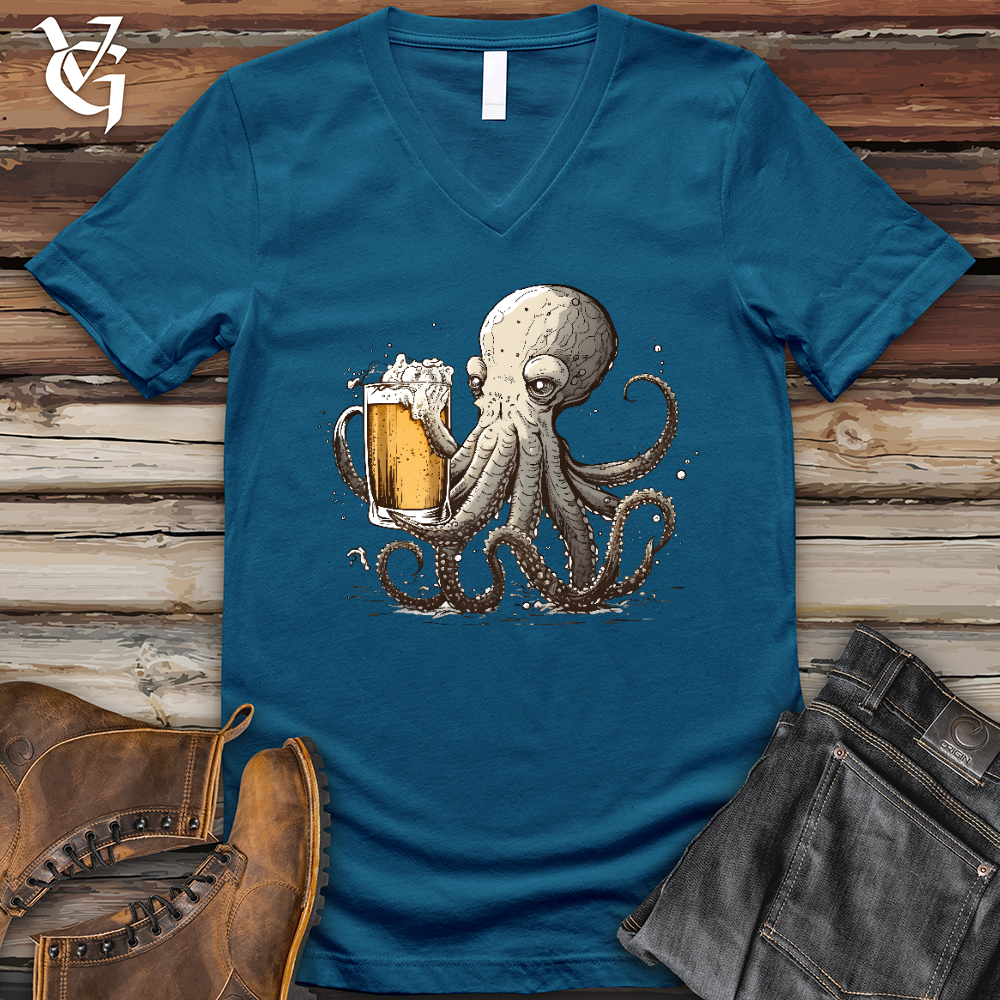 Viking Goods Octopus Happy Hour V- Neck Tee Deep Teal / L
