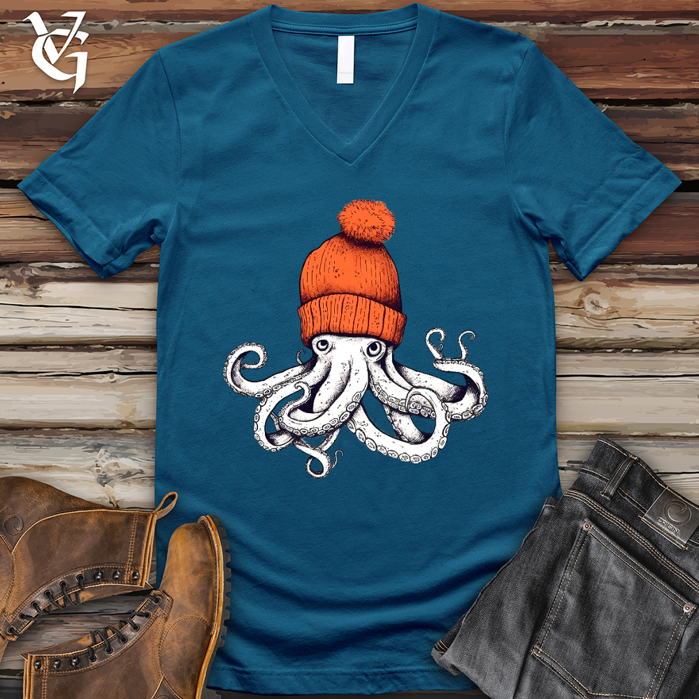 Viking Goods Octopus Orange Beanie V-Neck Tee Deep Teal / L