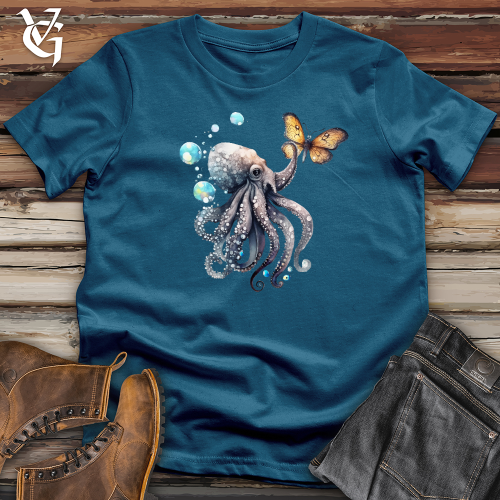 Viking Goods Octopus Playing With Butterfly 03 Cotton Tee Deep Teal / L