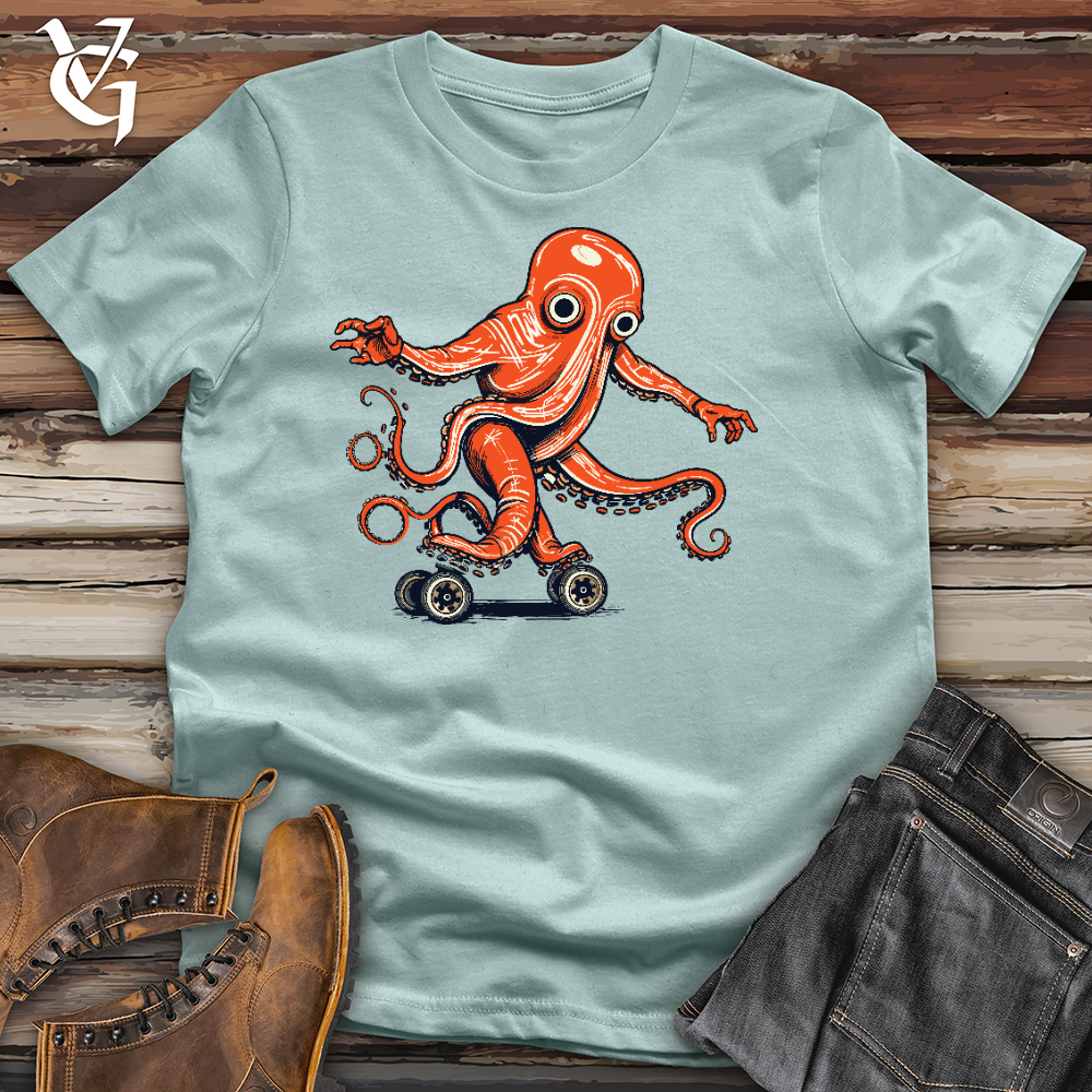 Viking Goods Octopus Riding On Roller Skate Cotton Tee Dusty Blue / L