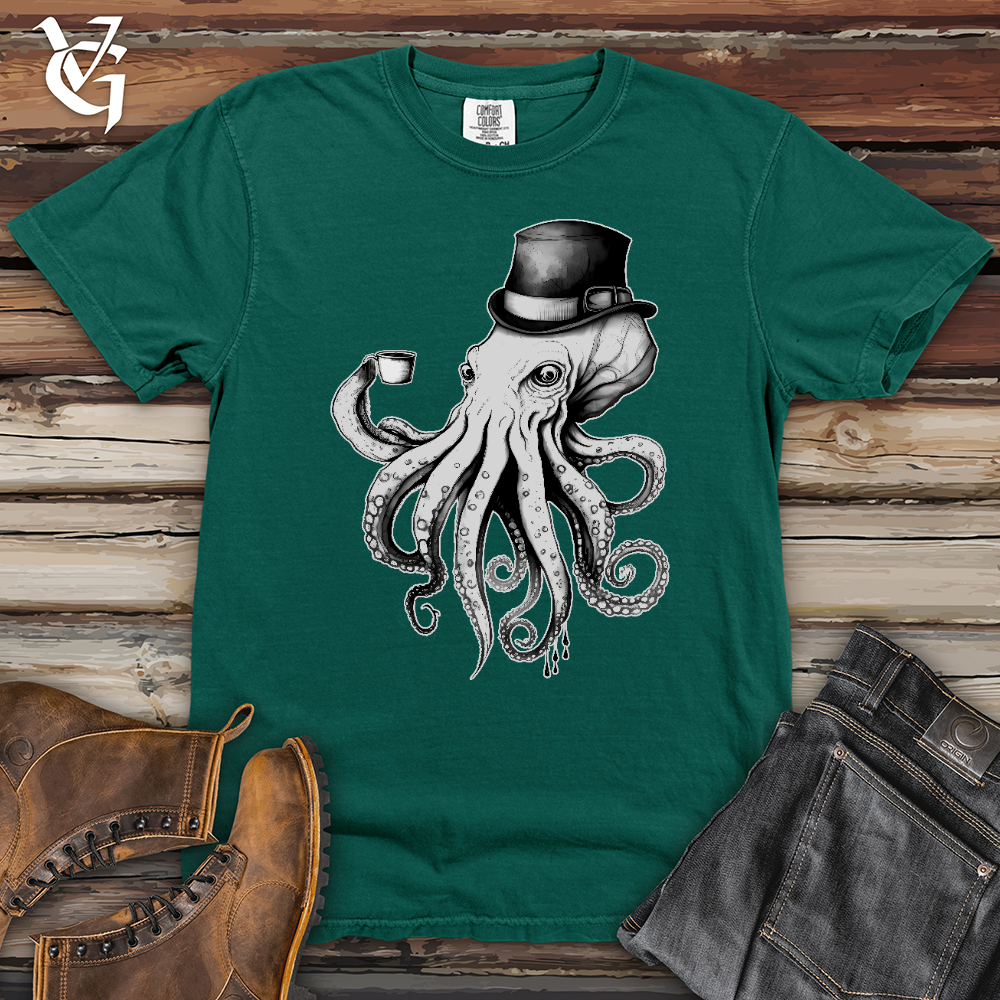 Viking Goods Octopus Wearing Hat Drinking Coffee Heavy Cotton Comfort Colors Tee Emerald / L