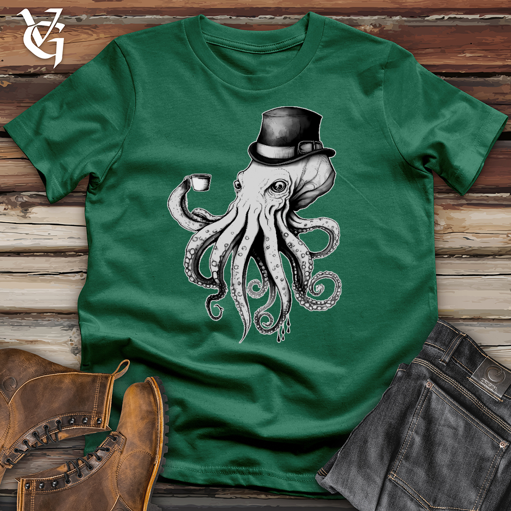 Viking Goods Octopus Wearing Hat Drinking Coffee Cotton Tee Evergreen / L