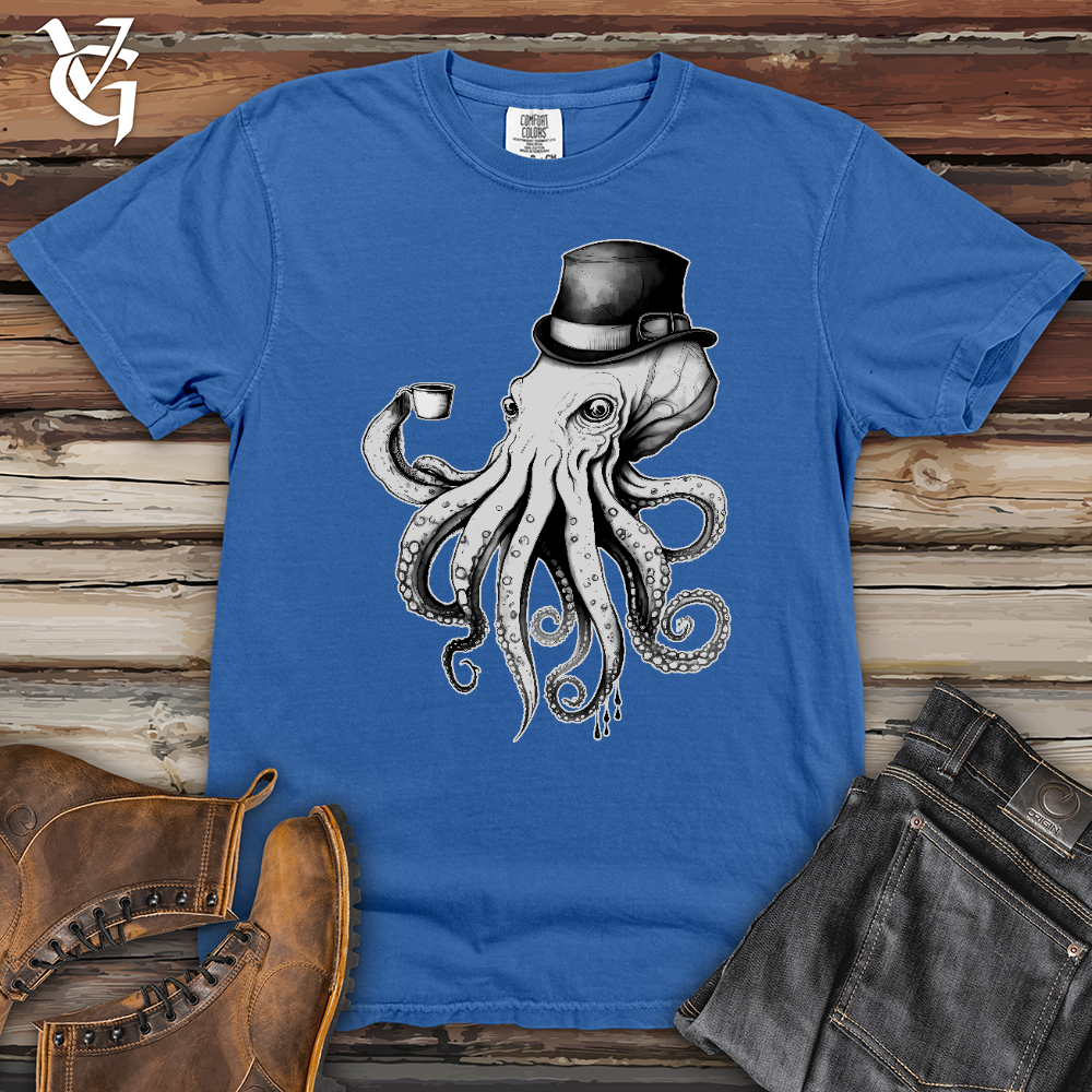 Viking Goods Octopus Wearing Hat Drinking Coffee Heavy Cotton Comfort Colors Tee Flo Blue / L