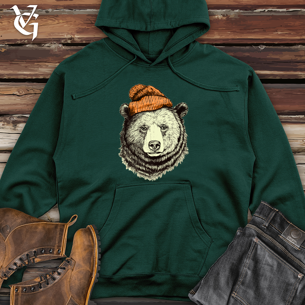 Viking Goods Bear Wearing Hunters Beanie Midweight Hooded Sweatshirt Forest Green / L