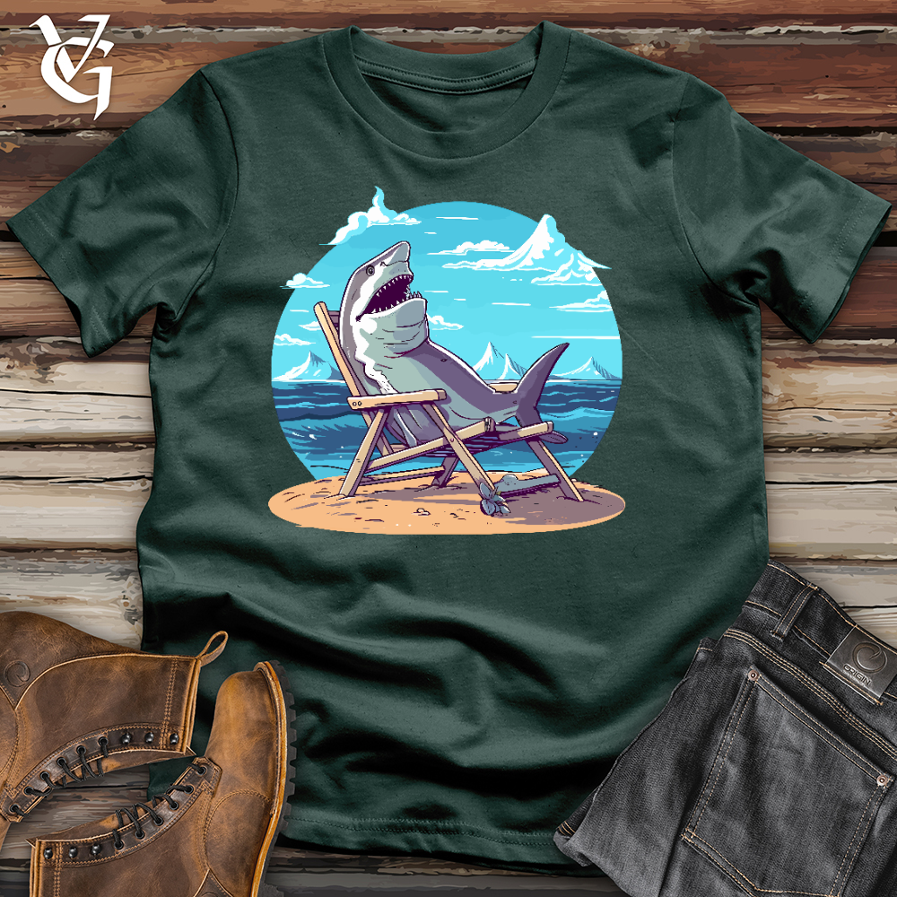 Viking Goods Shark Sitting in a Beach Chair in the Sand Cotton Tee Forest / L