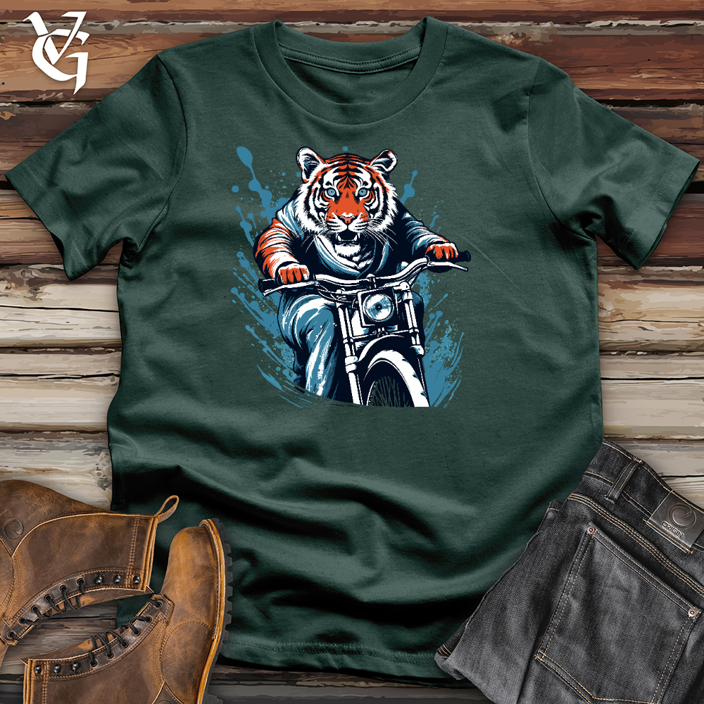 Viking Goods Tiger Riding On Motorbike Cotton Tee Forest / L