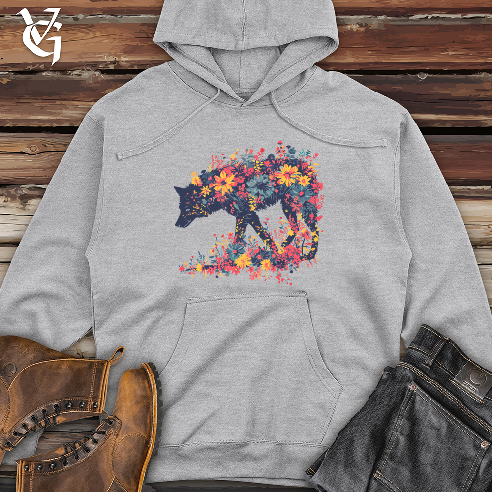 Viking Goods Floral Wolf Silhouette Midweight Hooded Sweatshirt Grey Heather / L