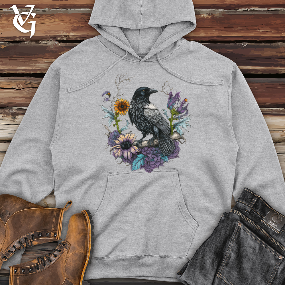 Viking Goods Flower Wreath Raven Midweight Hooded Sweatshirt Grey Heather / L