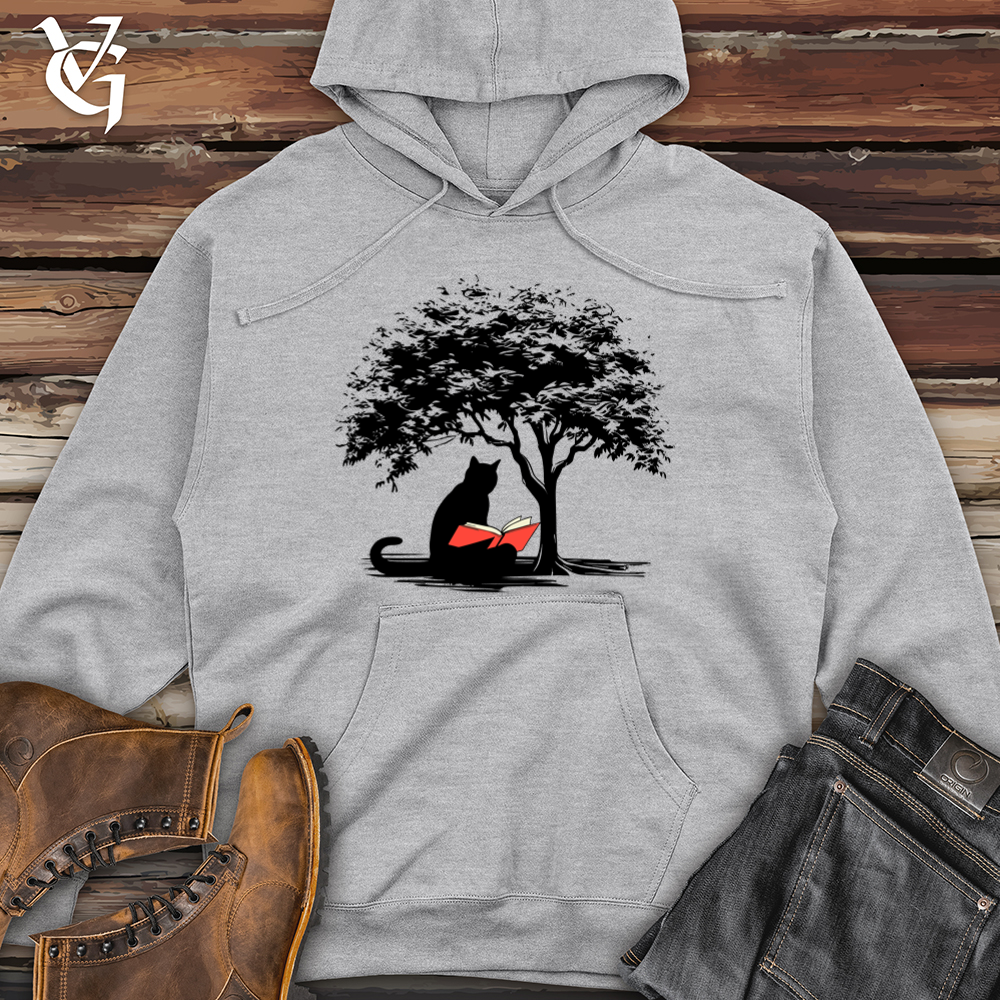 Viking Goods Retro Tree Reading Black Cat Midweight Hooded Sweatshirt Grey Heather / L