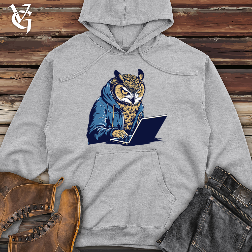 Viking Goods Retro Wise Tech Owl Midweight Hooded Sweatshirt Grey Heather / L